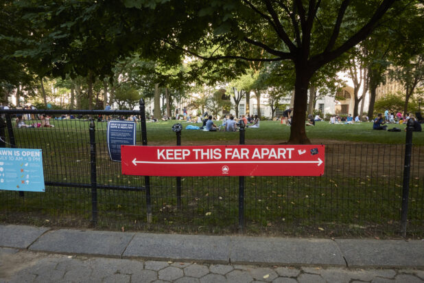 View of Signage and People Gathering Within Social Distancing Circles in a Park in New York City During the Pandemic