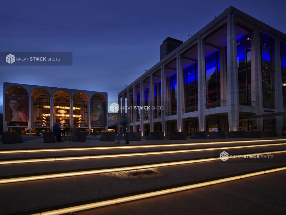 Night Time View of the Metropolitan Opera and the David Geffen Hall in Lincoln Center in Manhattan, New York City