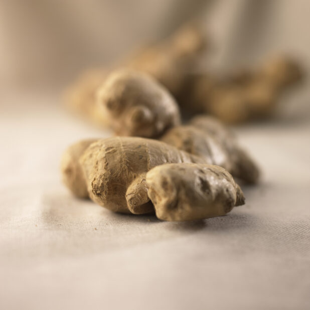 Close Up Shot of a Ginger Root on a Beige Table Cloth