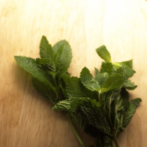 Close Up Shot of a Bunch of Fresh Peppermint Leaves on a Wooden Board