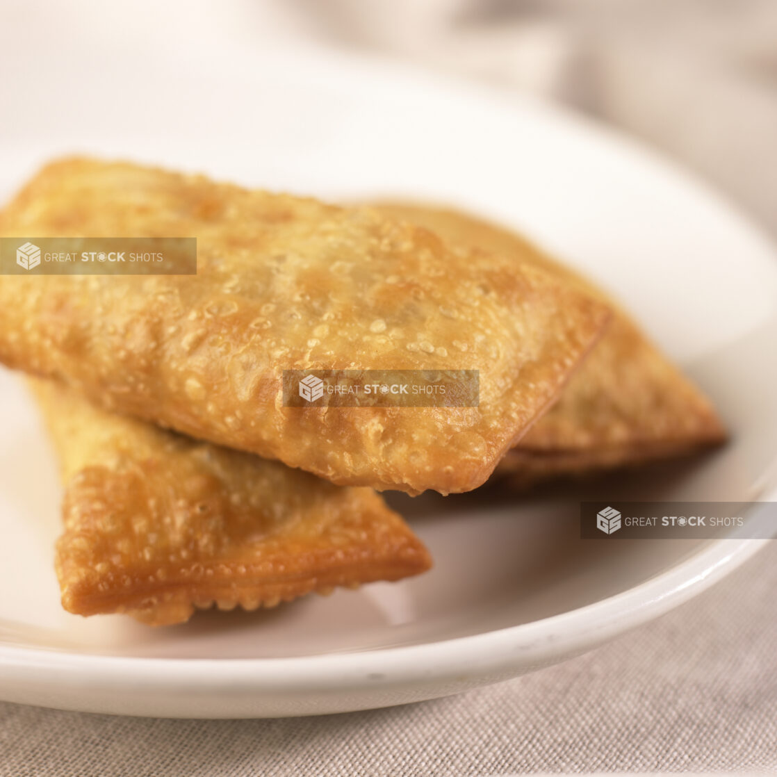 Close Up of a Plate of Chinese Egg Rolls on a White Ceramic Dish