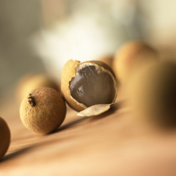 Close Up of Longan – a Type of Chinese Fruit – Scattered on a Table With One Peeled Showing the Flesh Inside