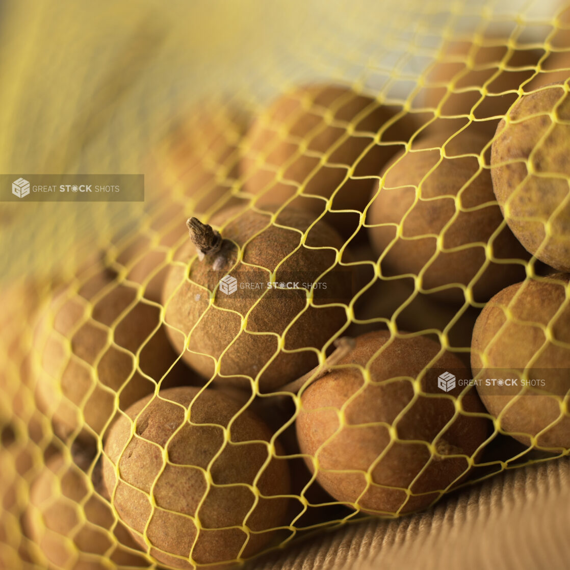 Close Up of Longan - a Type of Chinese Fruit - in a Mesh Bag, Unpeeled