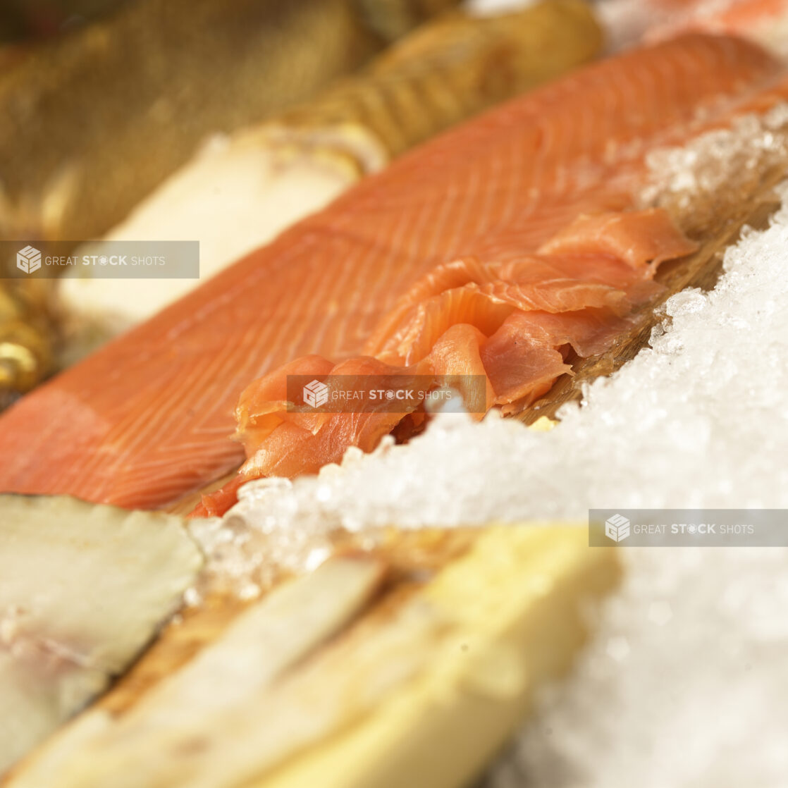 Close Up of Smoked Salmon on Ice in a Fish Market