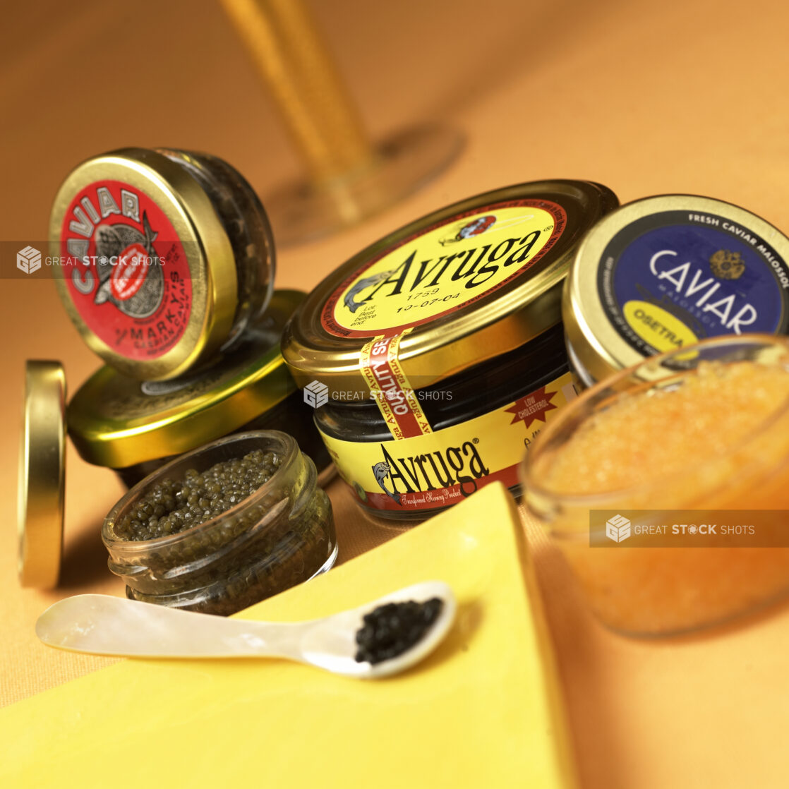 Assorted Jars of Caviar in an Indoor Setting of a Gourmet Grocery Store