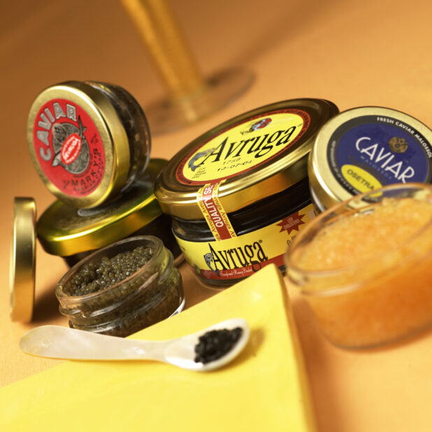 Assorted Jars of Caviar in an Indoor Setting of a Gourmet Grocery Store