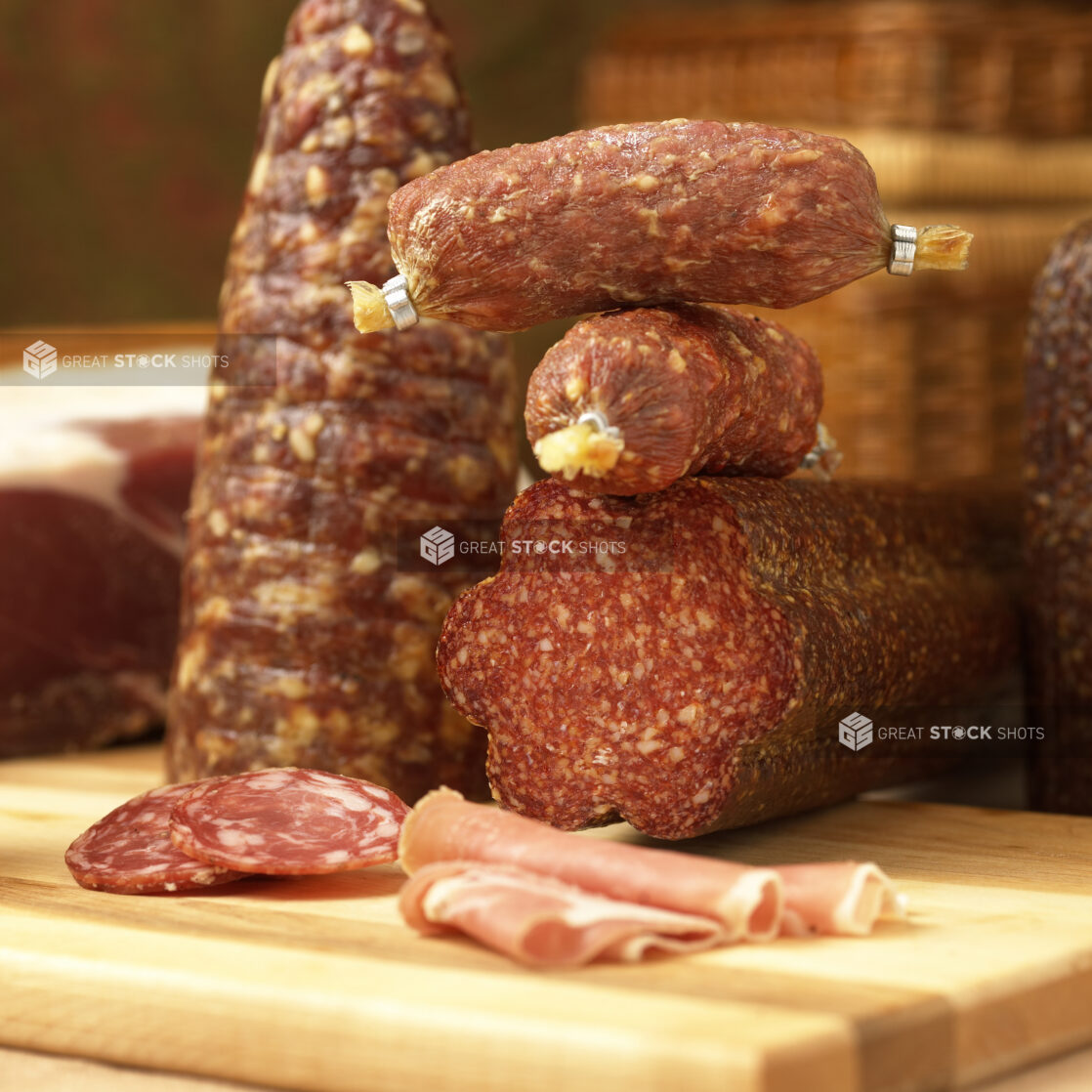 An Array of Whole and Sliced Cured Deli Meats on a Wooden Table in an Indoor Setting - Variation