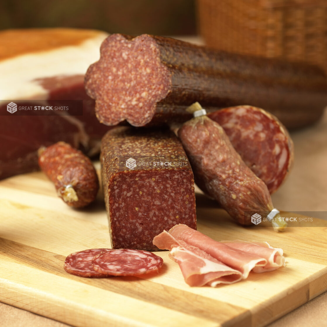 An Array of Whole and Sliced Cured Deli Meats on a Wooden Table in an Indoor Setting