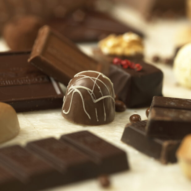 Close Up of a Chocolate Truffle Surrounded by Chocolate Bars and Squares in an Indoor Setting
