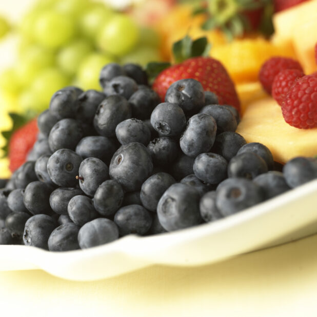 Close Up of Blueberries on a Fresh Fruit Catering Platter in an Indoor Setting