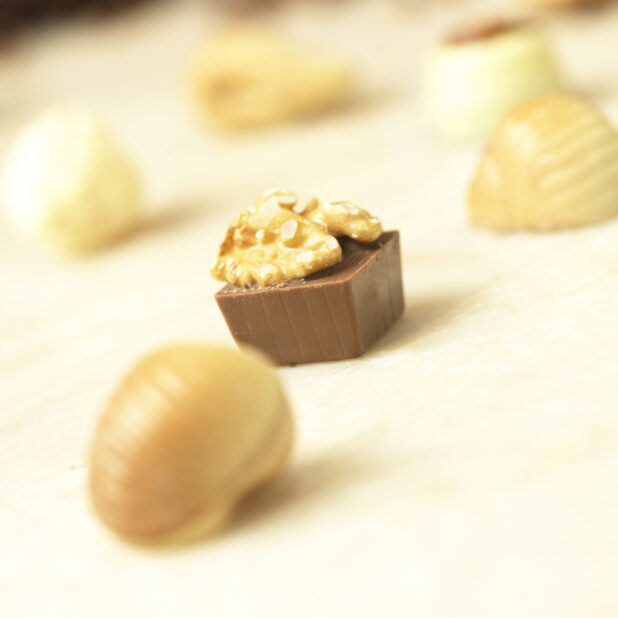 Close Up of a Milk Chocolate Walnut Square Truffle in an Indoor Setting