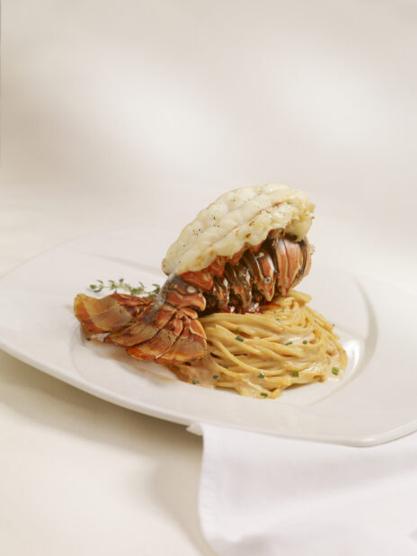 Lobster Tail Over Creamy Spaghetti Noodles on a White Ceramic Dish