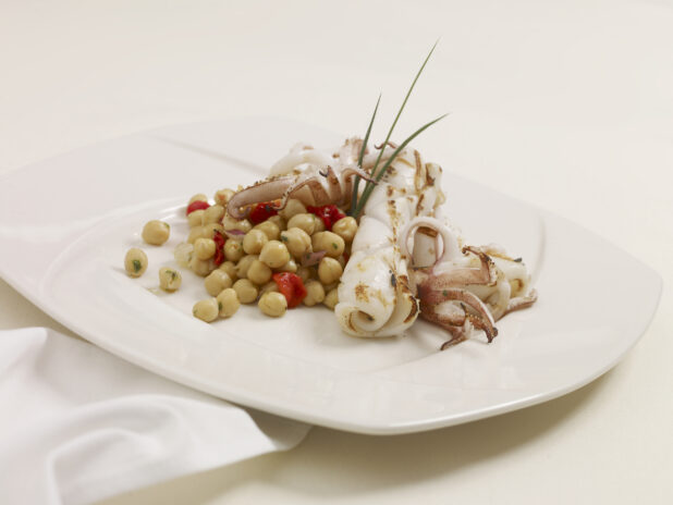 An Appetizer of Grilled Squid and Chick Peas on a White Ceramic Dish