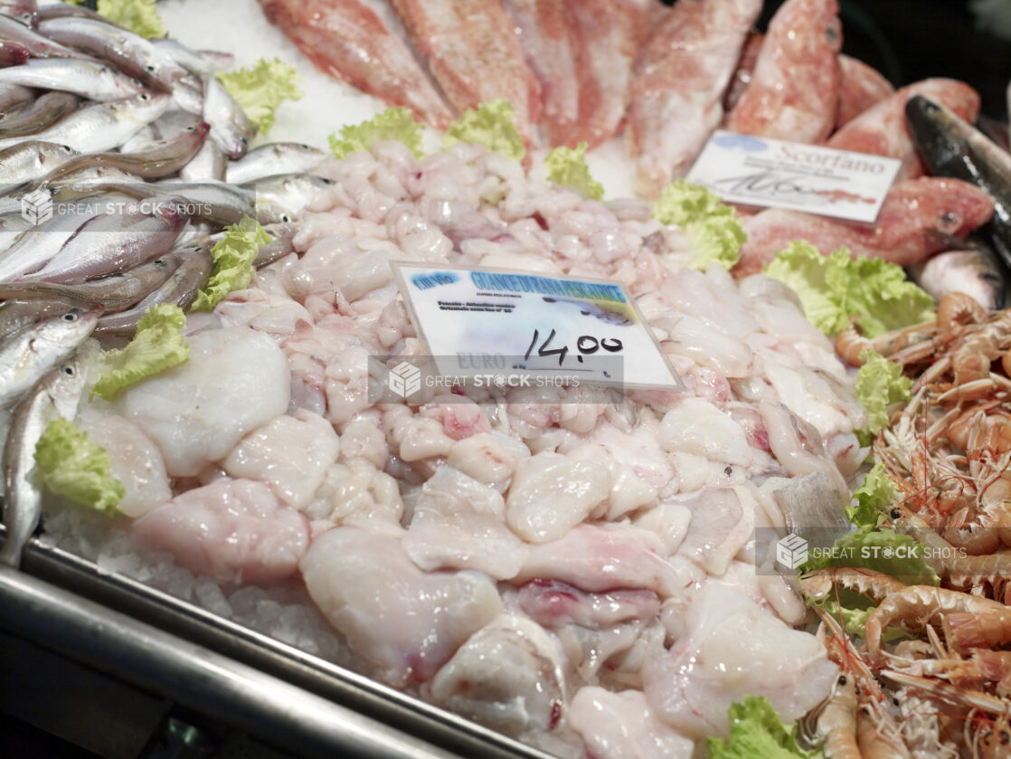 Fresh Monk Fish Cheeks at a Seafood Stall in a Food Market in Venice, Italy