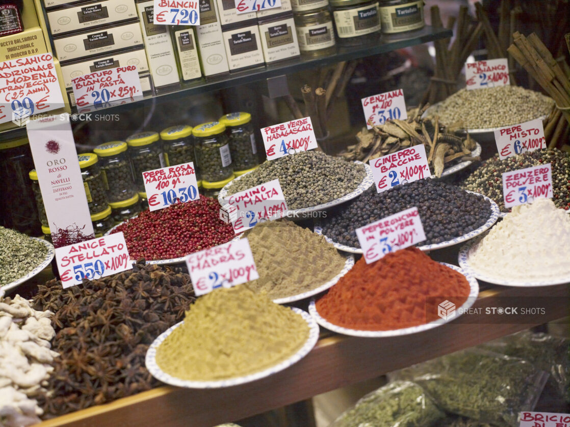 Close Up of an Array of Spices and Dried Herbs at a Food Market in Venice, Italy