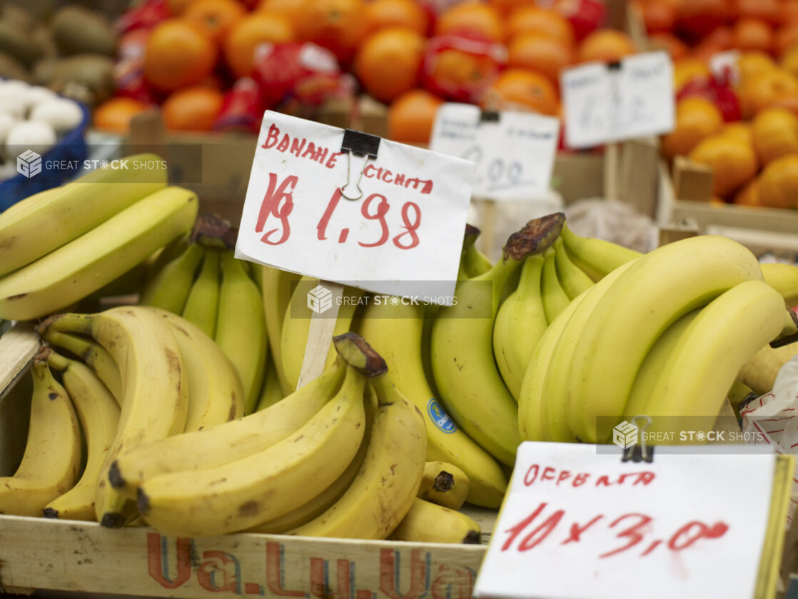 Close Up of a Crate of Fresh Ripe Yellow Bananas in a Food Market in Venice, Italy