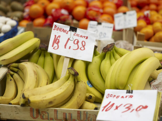 Close Up of a Crate of Fresh Ripe Yellow Bananas in a Food Market in Venice, Italy