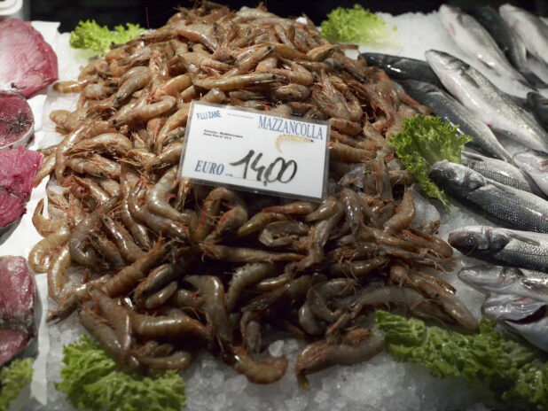Close Up of Fresh Prawns at a Seafood Stall at a Food Market in Venice, Italy