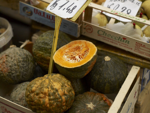 Close Up of a Crate of Green Pumpkin Squash in a Food Market in Venice, Italy