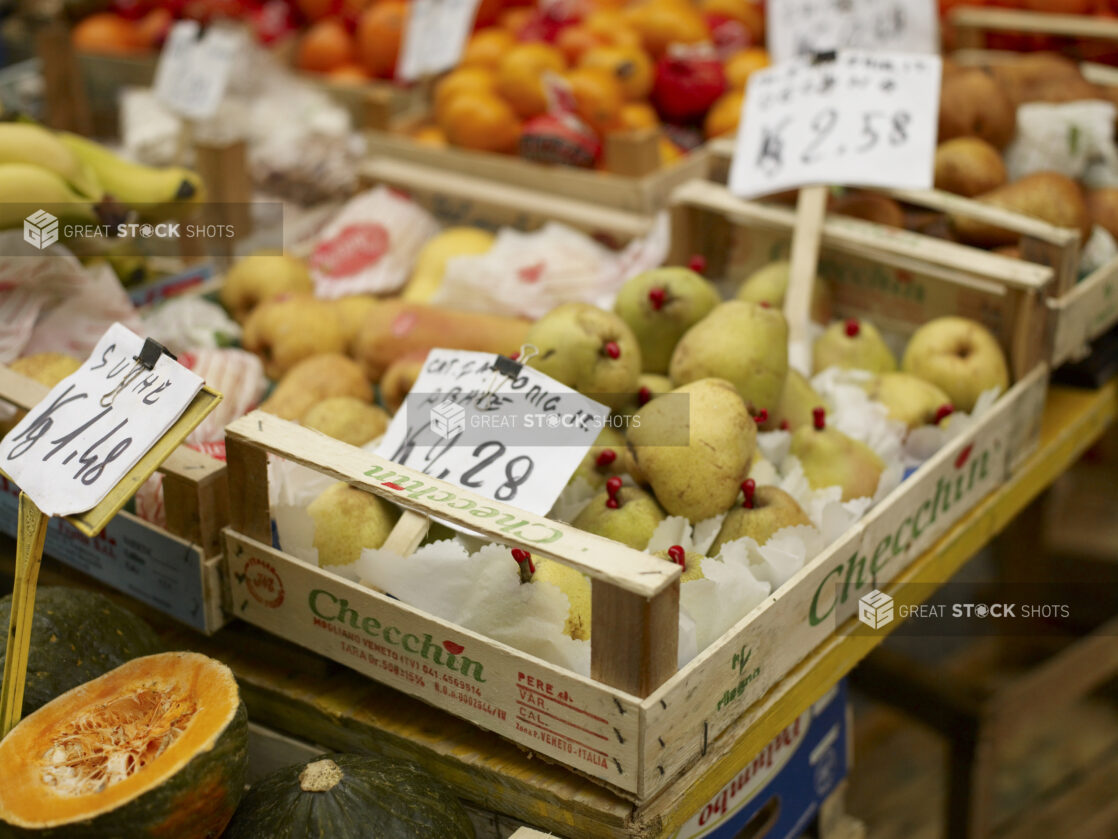 Crates of Wax-Dipped Green Pears at a Food Market in Venice, Italy