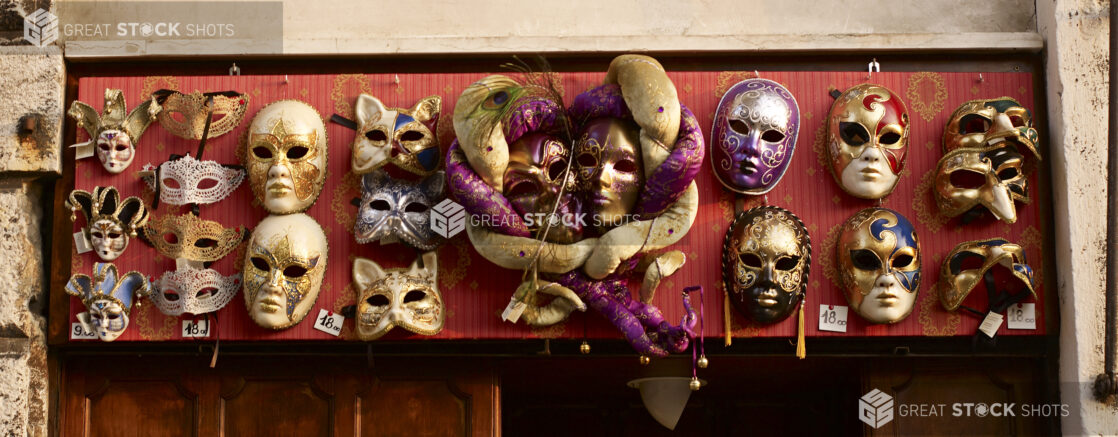 An Array of Venetian Mask Souvenirs at an Outdoor Shop in Venice, Italy