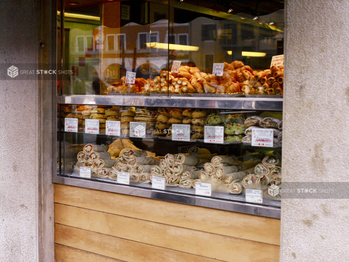 A Display of Pastries, Baked Goods and Savoury Wraps in Venice, Italy