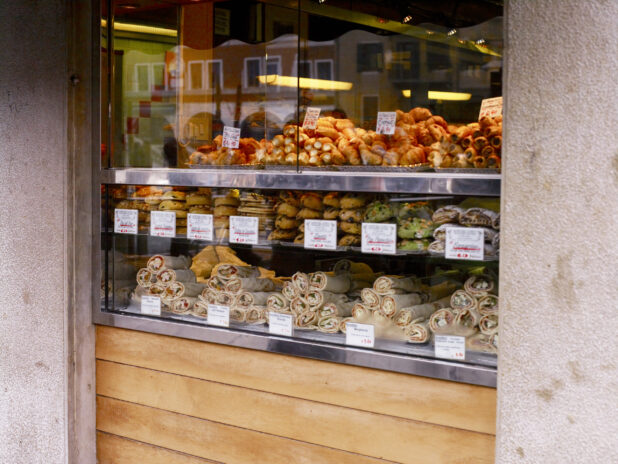 A Display of Pastries, Baked Goods and Savoury Wraps in Venice, Italy