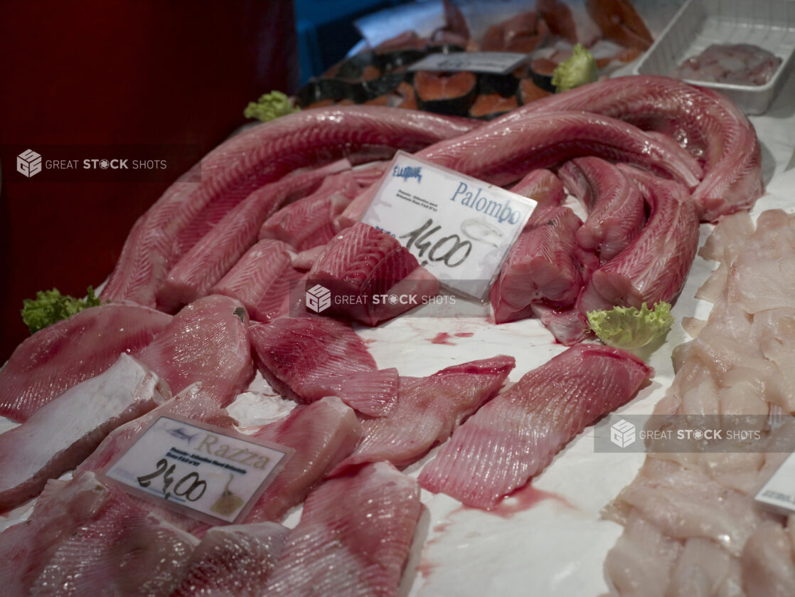 Fresh Cut Dogfish Fillet at a Seafood Stall at a Food Market in Venice, Italy