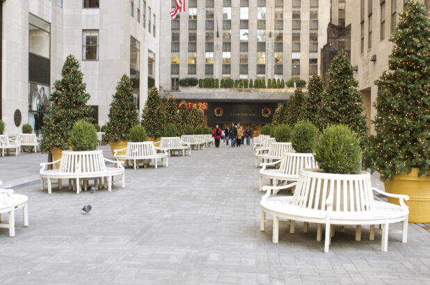 Park Benches and Christmas Trees in a Plaza at Rockefeller Center in Manhattan, New York City