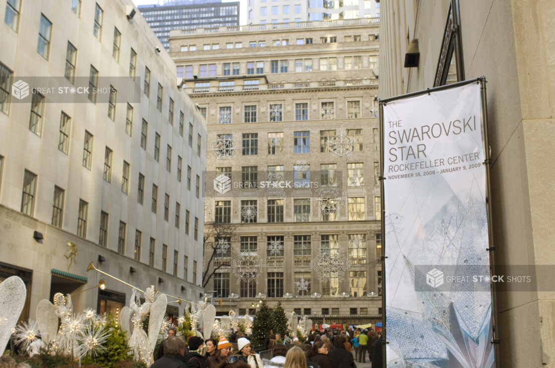 View of an Enclosed Plaza with Christmas Decorations in Rockefeller Center in Manhattan, New York City