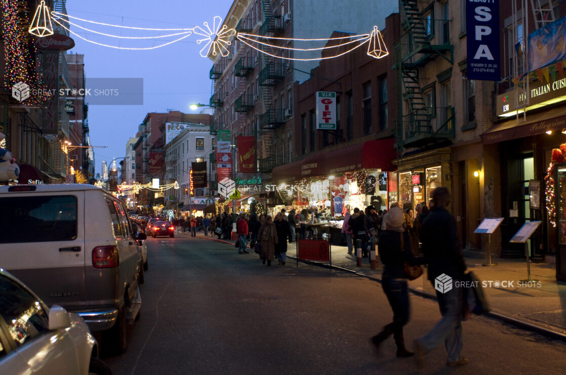 Evening View of a Busy Street in Little Italy, Manhattan, New York City During the Holiday Season - Variation