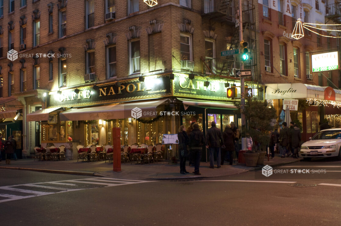 Night Time View of Caffe Napoli on Mulberry Street in Little Italy, Manhattan, New York City