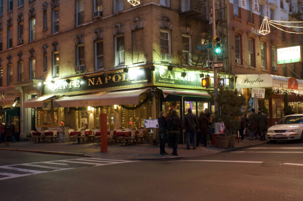 Night Time View of Caffe Napoli on Mulberry Street in Little Italy, Manhattan, New York City