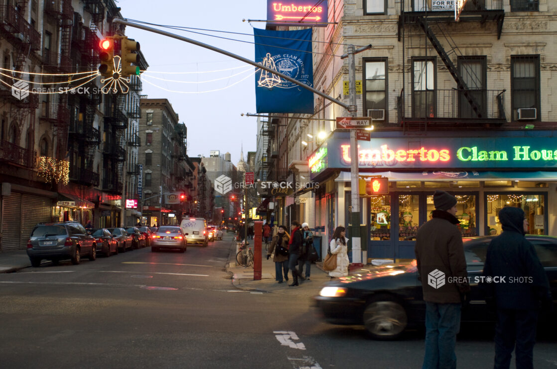 Night View of a Street Corner in Little Italy During the Holiday Season in Manhattan, New York City