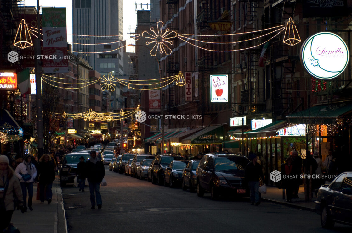 Evening View of a Car-Lined Street in Little Italy, Manhattan, New York City During the Holiday Season - Variation