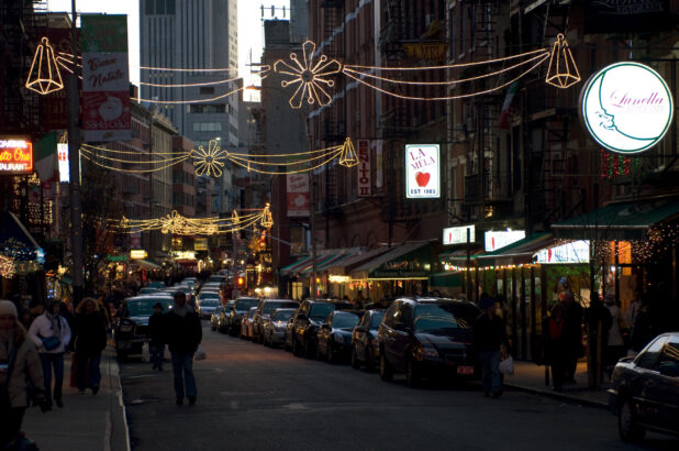 Evening View of a Car-Lined Street in Little Italy, Manhattan, New York City During the Holiday Season - Variation