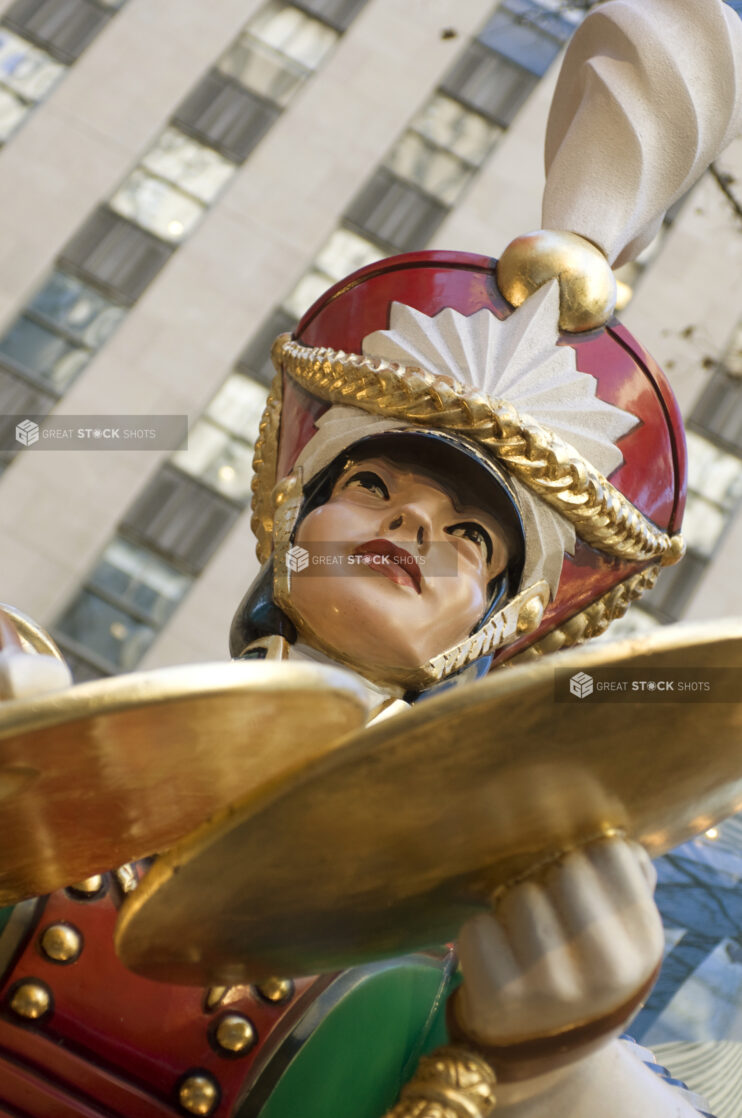 Close Up View of the Giant Toy Soldier Cymbalist Christmas Figurine at Rockefeller Center in Manhattan New York