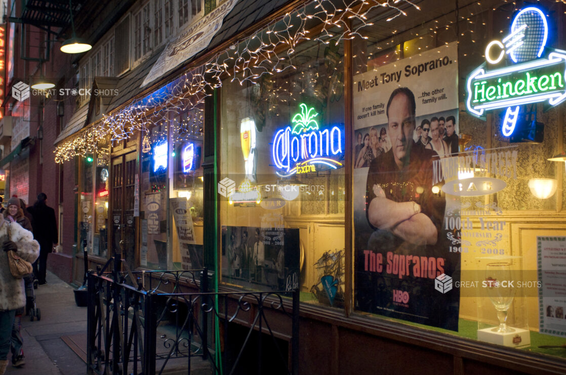 Storefront of the Mulberry Street Bar in Little Italy, Manhattan, New York City at Night