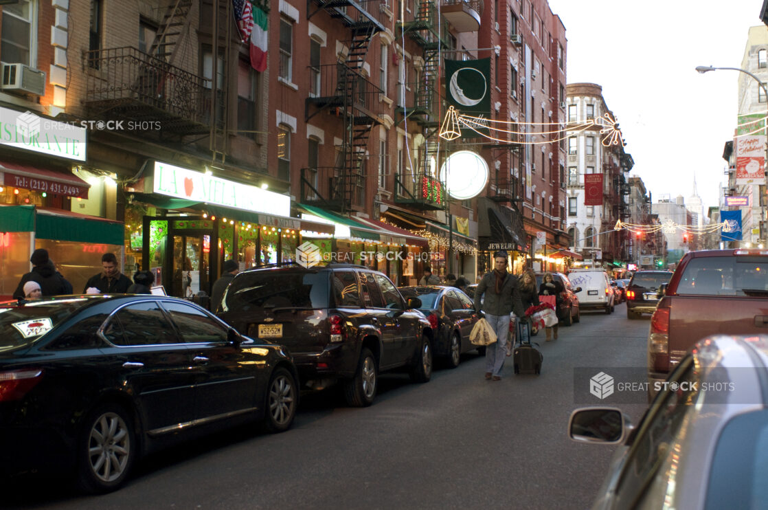 Evening View of a Car-Lined Street in Little Italy, Manhattan, New York City During the Holiday Season – Variation 2