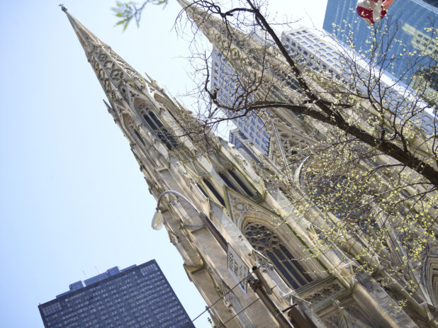 Street Level View Close Up of Saint Patrick's Cathedral in Manhattan, New York City