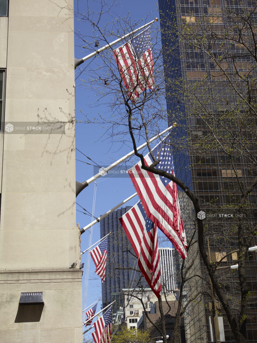 Close-Up of American Flags Hanging on the Side of a Building in Manhattan, New York City