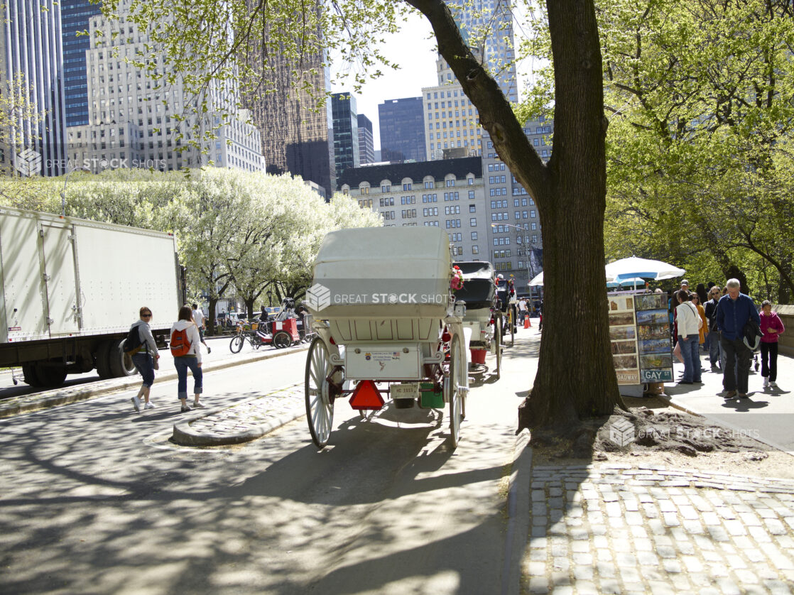 Rear View of Horse-Drawn Carriages on Stand By in Front of Central Park in Manhattan, New York City