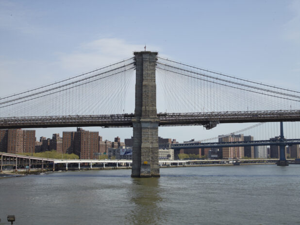 Side View of One of the Suspension Towers for Brooklyn Bridge in Manhattan, New York City