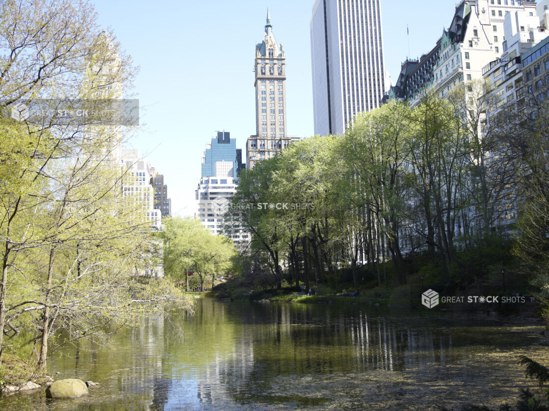 View Across a Pond in Central Park Towards the Sherry-Netherland Hotel and other Office Towers in Manhattan, New York City