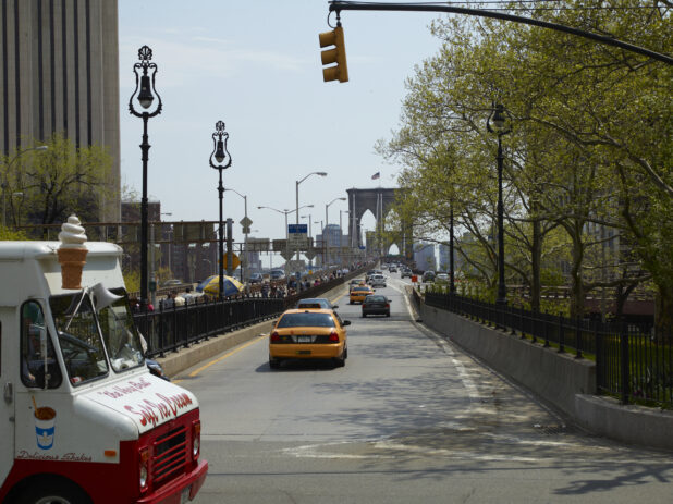View Down South East Vehicular Path to Brooklyn Bridge in Manhattan, New York City