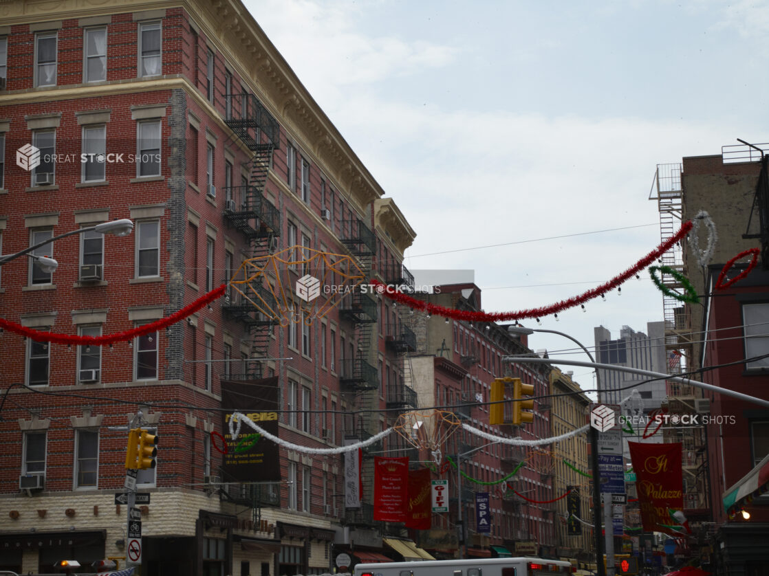 View Down Mulberry Street Red Brick Buildings in Little Italy, Manhattan, New York City