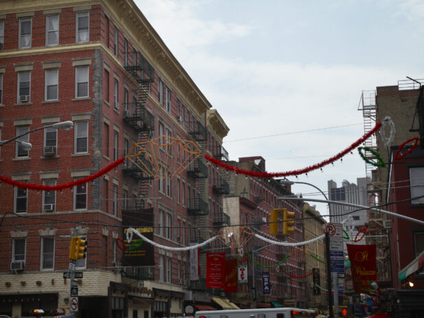 View Down Mulberry Street Red Brick Buildings in Little Italy, Manhattan, New York City