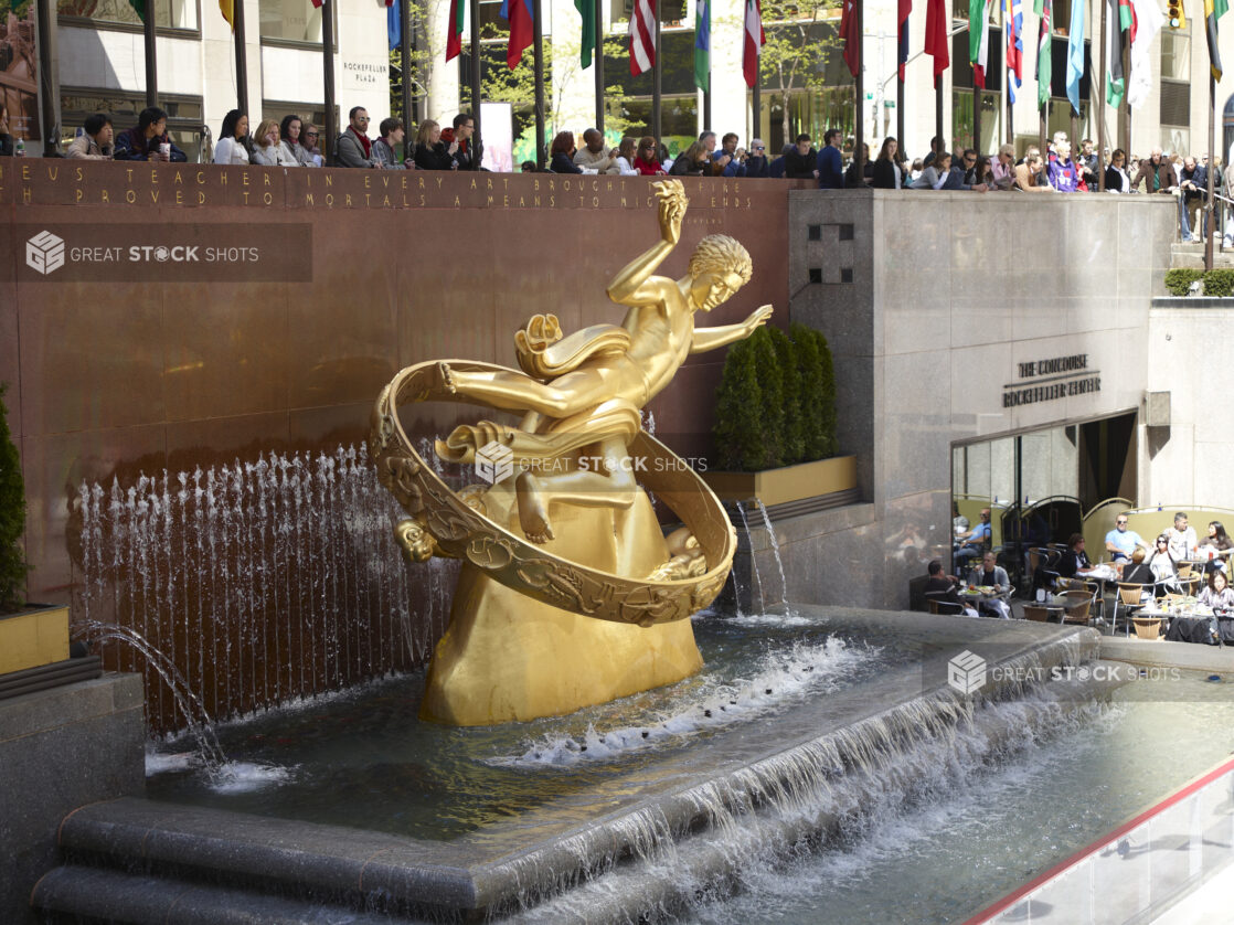 View of the Water Fountain Featuring the Sculpture of Prometheus in the Lower Plaza of the Rockefeller Center in Manhattan, New York City