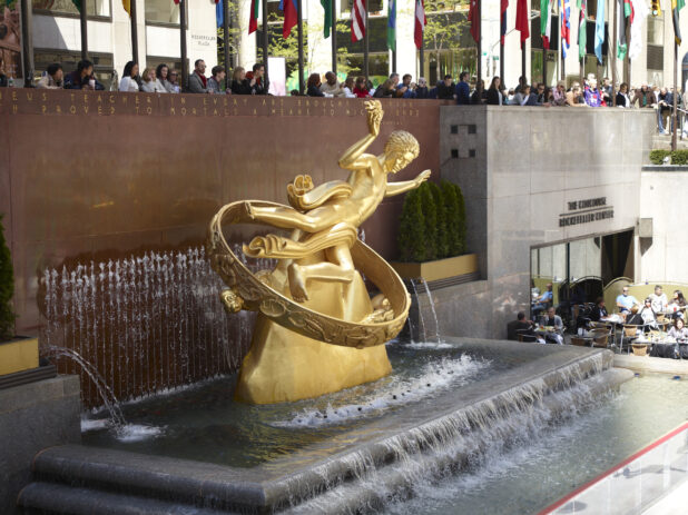 View of the Water Fountain Featuring the Sculpture of Prometheus in the Lower Plaza of the Rockefeller Center in Manhattan, New York City