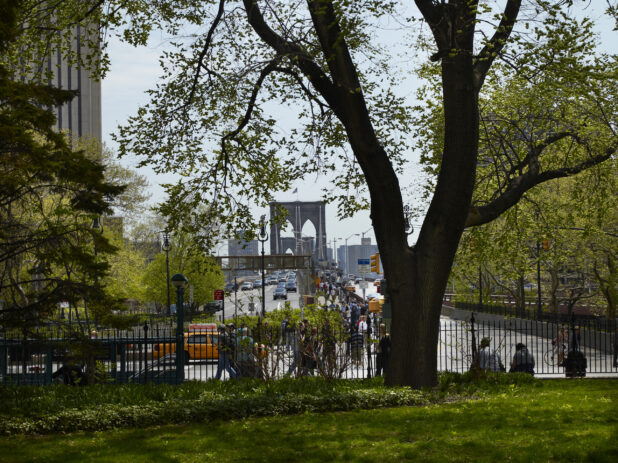 View Down Brooklyn Bridge Promenade from City Hall Park in Manhattan, New York City - Variation